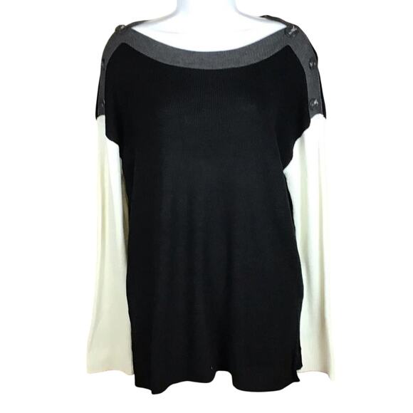 Vince Camuto Women’s Medium Colorblock Sweater Black Off White Button Shoulder - Picture 8 of 16